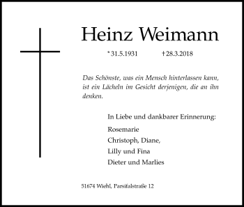 Anzeige von Heinz Weimann von Kölner Stadt-Anzeiger / Kölnische Rundschau / Express