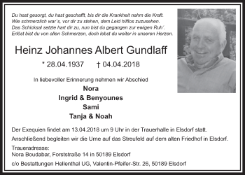Anzeige von Heinz Johannes Albert Gundlaff von  Sonntags-Post 