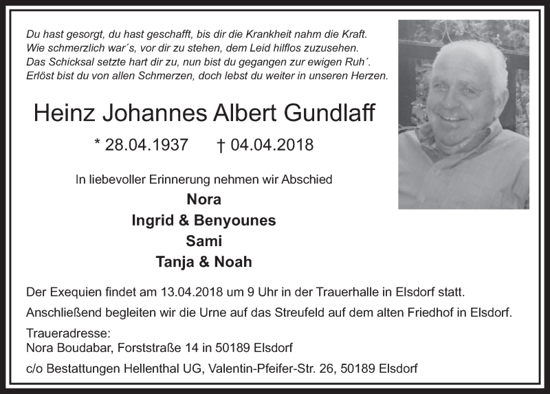  Traueranzeige für Heinz Johannes Albert Gundlaff vom 07.04.2018 aus  Sonntags-Post 