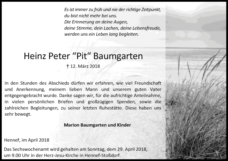  Traueranzeige für Heinz Peter Baumgarten vom 14.04.2018 aus Kölner Stadt-Anzeiger / Kölnische Rundschau / Express