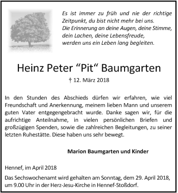 Anzeige von Heinz Peter Baumgarten von  Extra Blatt 