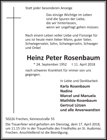Anzeige von Heinz Peter Rosenbaum von  Sonntags-Post 