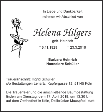 Anzeige von Helena Hilgers von  Kölner Wochenspiegel 