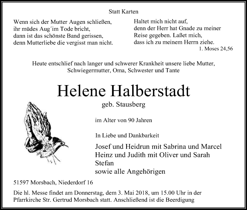  Traueranzeige für Helene Halberstadt vom 01.05.2018 aus Kölner Stadt-Anzeiger / Kölnische Rundschau / Express