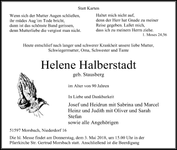 Anzeige von Helene Halberstadt von Kölner Stadt-Anzeiger / Kölnische Rundschau / Express