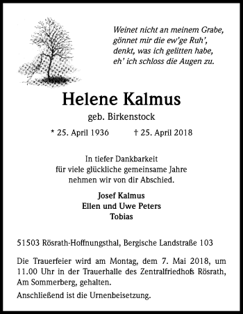 Anzeige von Helene Kalmus von Kölner Stadt-Anzeiger / Kölnische Rundschau / Express