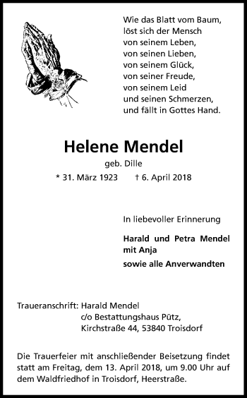 Anzeige von Helene Mendel von Kölner Stadt-Anzeiger / Kölnische Rundschau / Express