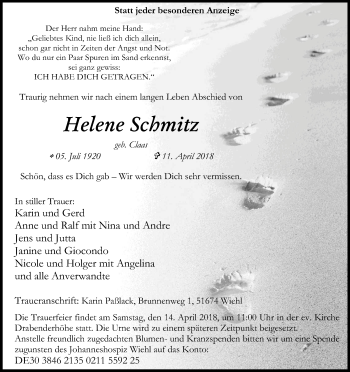 Anzeige von Helene Schmitz von Kölner Stadt-Anzeiger / Kölnische Rundschau / Express