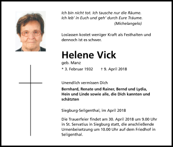 Anzeige von Helene Vick von Kölner Stadt-Anzeiger / Kölnische Rundschau / Express