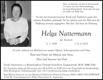 Anzeige von Helga Nattermann von Kölner Stadt-Anzeiger / Kölnische Rundschau / Express