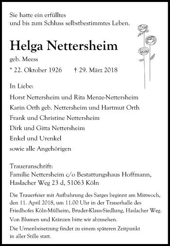 Anzeige von Helga Nettersheim von Kölner Stadt-Anzeiger / Kölnische Rundschau / Express