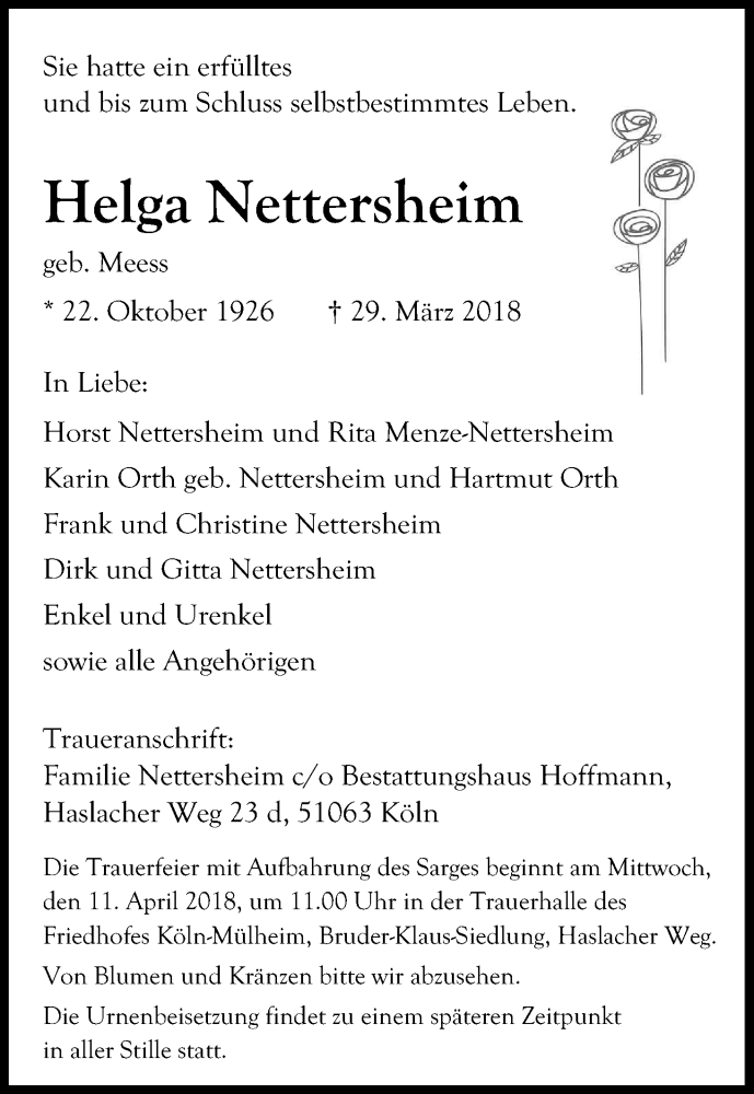  Traueranzeige für Helga Nettersheim vom 07.04.2018 aus Kölner Stadt-Anzeiger / Kölnische Rundschau / Express