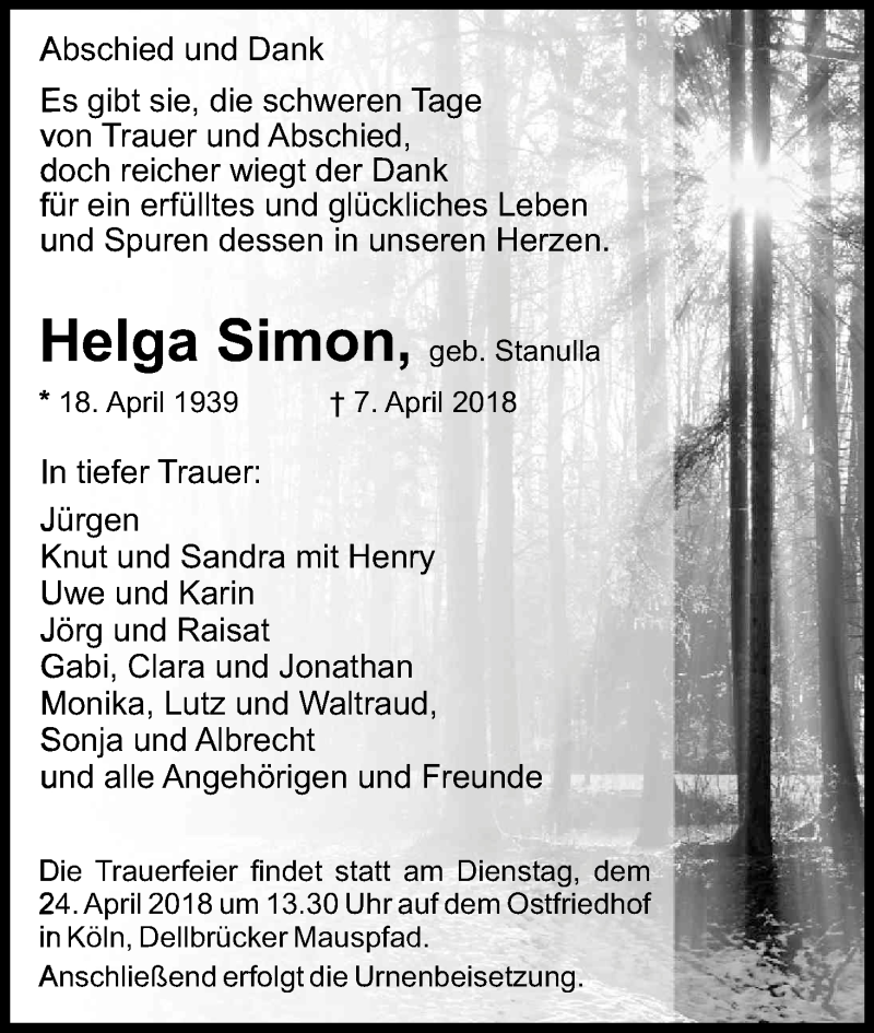  Traueranzeige für Helga Simon vom 21.04.2018 aus Kölner Stadt-Anzeiger / Kölnische Rundschau / Express