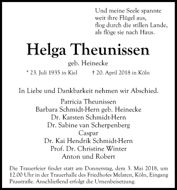 Anzeige von Helga Theunissen von Kölner Stadt-Anzeiger / Kölnische Rundschau / Express