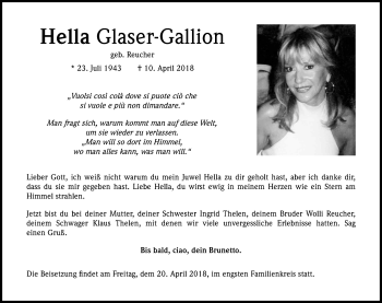 Anzeige von Hella Glaser-Gallion von Kölner Stadt-Anzeiger / Kölnische Rundschau / Express