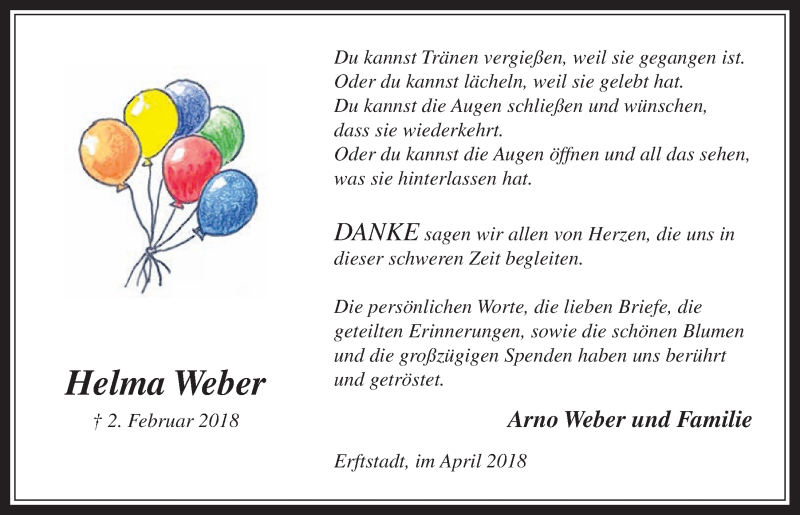  Traueranzeige für Helma Weber vom 04.04.2018 aus  Werbepost 