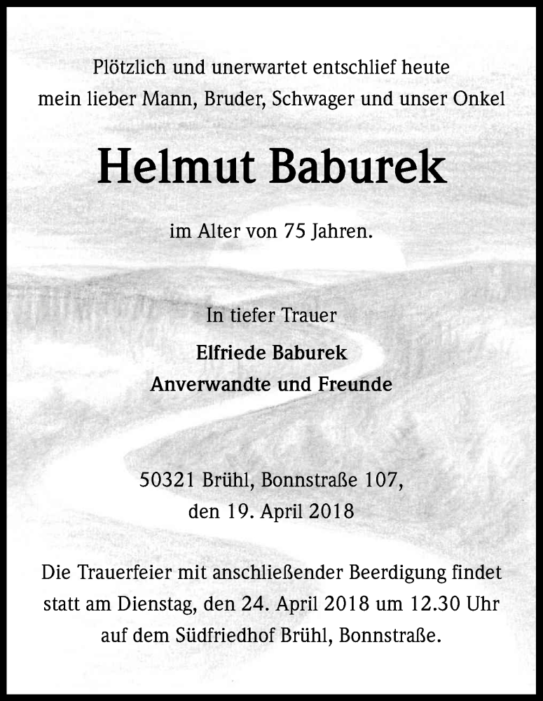  Traueranzeige für Helmut Baburek vom 21.04.2018 aus Kölner Stadt-Anzeiger / Kölnische Rundschau / Express