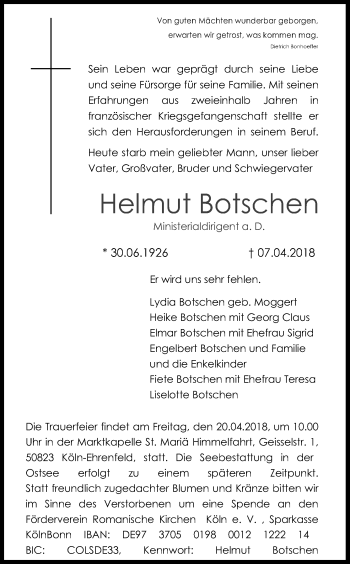 Anzeige von Helmut Botschen von Kölner Stadt-Anzeiger / Kölnische Rundschau / Express