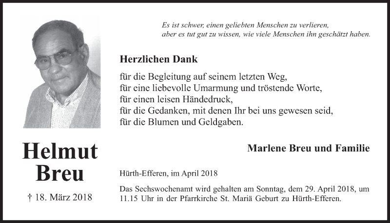  Traueranzeige für Helmut Breu vom 18.04.2018 aus  Wochenende 