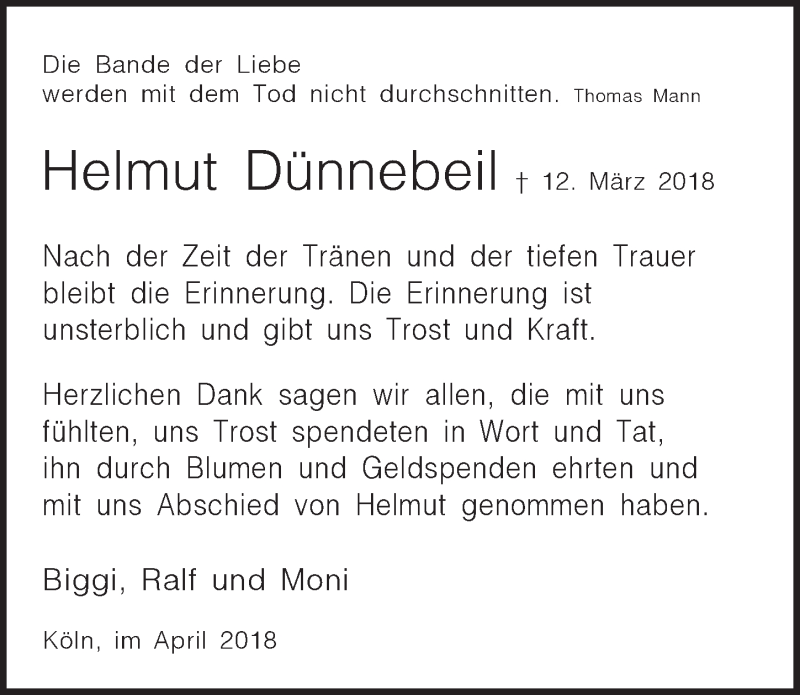  Traueranzeige für Helmut Dünnebeil vom 21.04.2018 aus  Sonntags-Post 