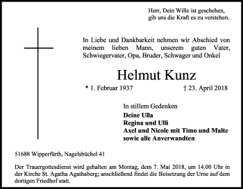 Anzeige von Helmut Kunz von Kölner Stadt-Anzeiger / Kölnische Rundschau / Express
