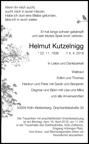Anzeige von Helmut Kutzelnigg von Kölner Stadt-Anzeiger / Kölnische Rundschau / Express