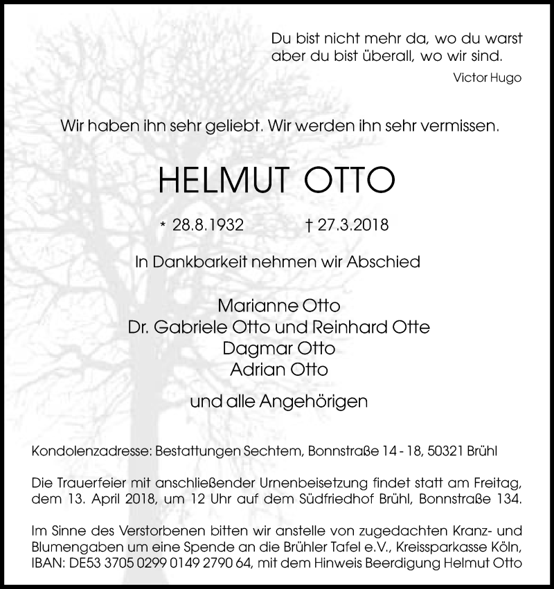  Traueranzeige für Helmut Otto vom 07.04.2018 aus Kölner Stadt-Anzeiger / Kölnische Rundschau / Express