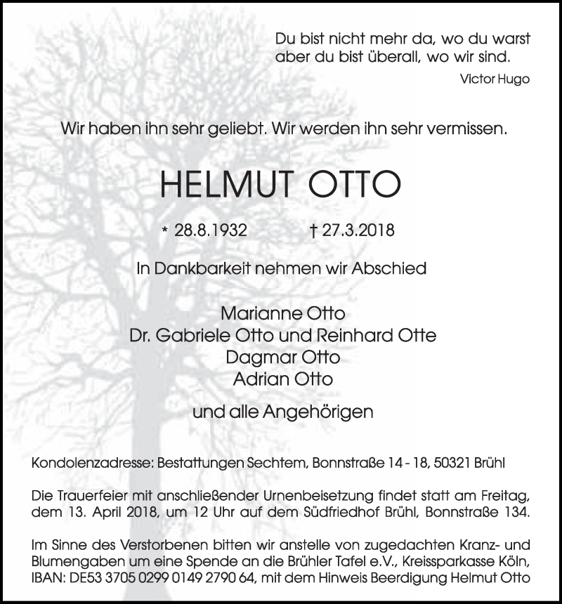  Traueranzeige für Helmut Otto vom 04.04.2018 aus  Schlossbote/Werbekurier 