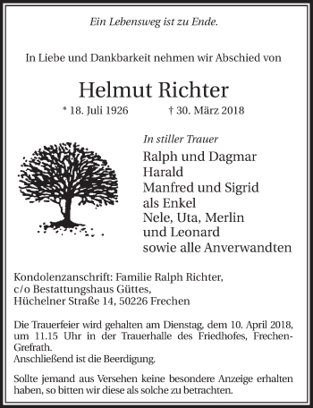 Anzeige von Helmut Richter von  Sonntags-Post 