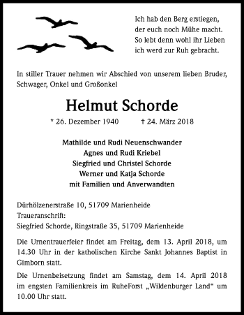 Anzeige von Helmut Schorde von Kölner Stadt-Anzeiger / Kölnische Rundschau / Express