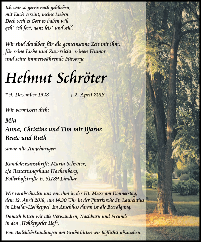  Traueranzeige für Helmut Schröter vom 07.04.2018 aus Kölner Stadt-Anzeiger / Kölnische Rundschau / Express
