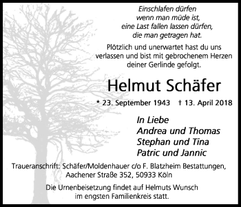 Anzeige von Helmut Schäfer von Kölner Stadt-Anzeiger / Kölnische Rundschau / Express