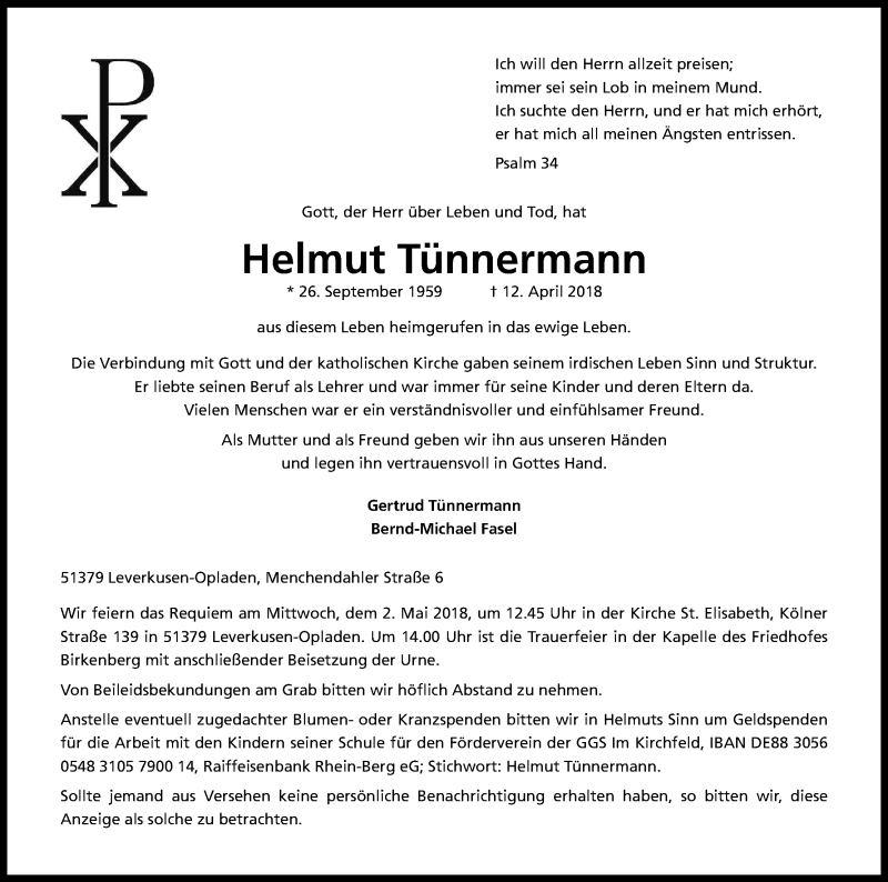  Traueranzeige für Helmut Tünnermann vom 28.04.2018 aus Kölner Stadt-Anzeiger / Kölnische Rundschau / Express