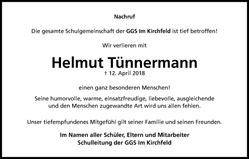 Traueranzeige für Helmut Tünnermann vom 28.04.2018 aus Kölner Stadt-Anzeiger / Kölnische Rundschau / Express