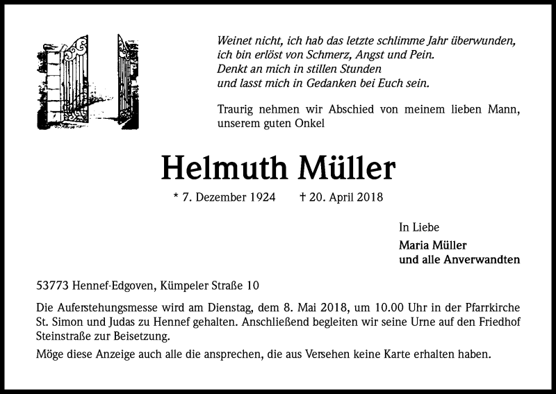  Traueranzeige für Helmuth Müller vom 28.04.2018 aus Kölner Stadt-Anzeiger / Kölnische Rundschau / Express
