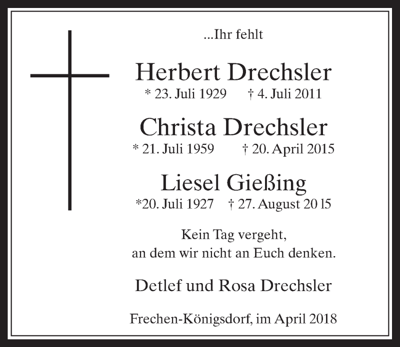  Traueranzeige für Herbert Drechsler vom 18.04.2018 aus  Wochenende 