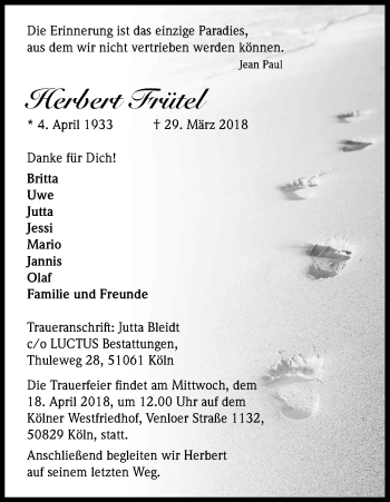 Anzeige von Herbert Frütel von Kölner Stadt-Anzeiger / Kölnische Rundschau / Express