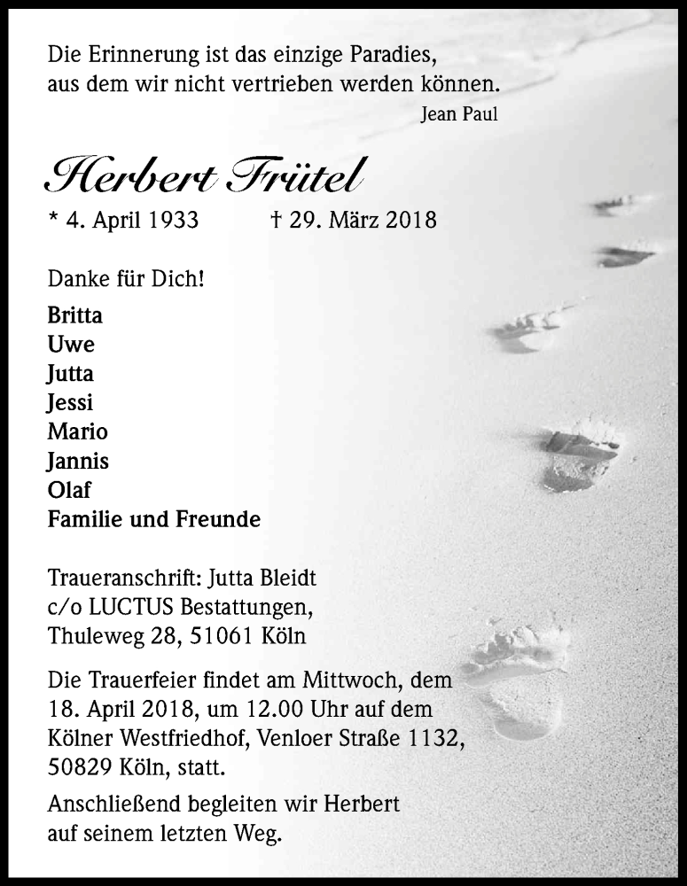  Traueranzeige für Herbert Frütel vom 07.04.2018 aus Kölner Stadt-Anzeiger / Kölnische Rundschau / Express