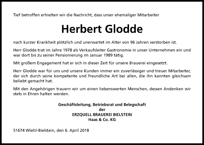  Traueranzeige für Herbert Glodde vom 11.04.2018 aus Kölner Stadt-Anzeiger / Kölnische Rundschau / Express