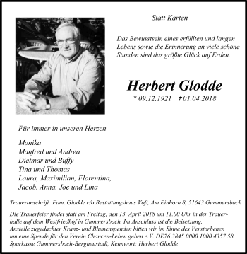 Anzeige von Herbert Glodde von Kölner Stadt-Anzeiger / Kölnische Rundschau / Express
