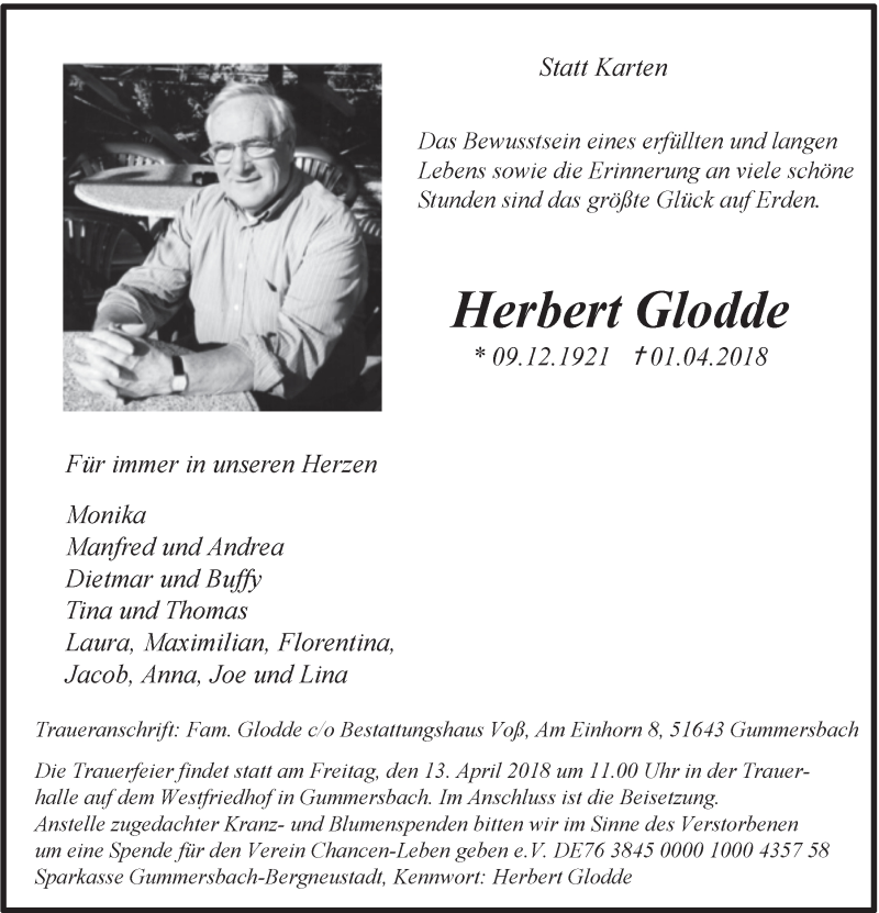  Traueranzeige für Herbert Glodde vom 11.04.2018 aus  Anzeigen Echo 
