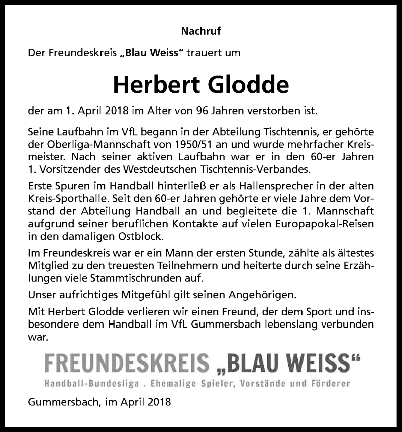  Traueranzeige für Herbert Glodde vom 07.04.2018 aus Kölner Stadt-Anzeiger / Kölnische Rundschau / Express
