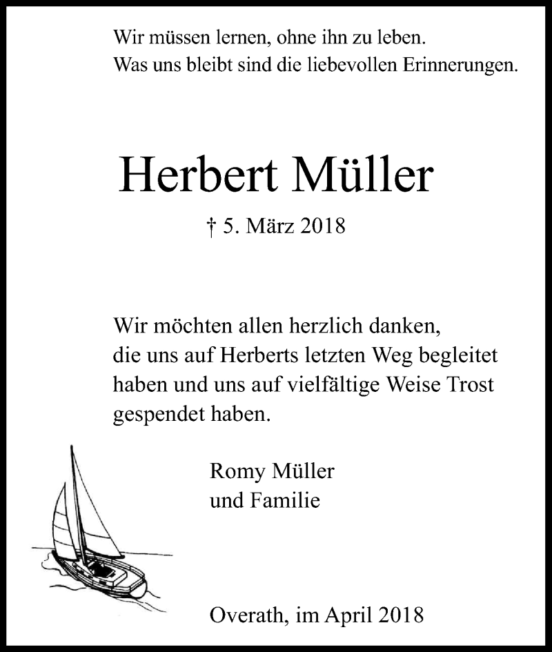  Traueranzeige für Herbert Müller vom 14.04.2018 aus Kölner Stadt-Anzeiger / Kölnische Rundschau / Express