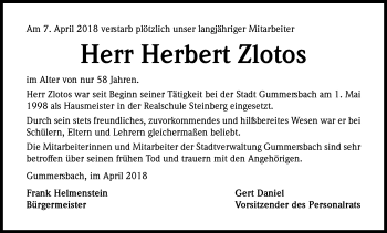 Anzeige von Herbert Zlotos von Kölner Stadt-Anzeiger / Kölnische Rundschau / Express