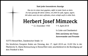 Anzeige von Herbert Josef Mimzeck von Kölner Stadt-Anzeiger / Kölnische Rundschau / Express