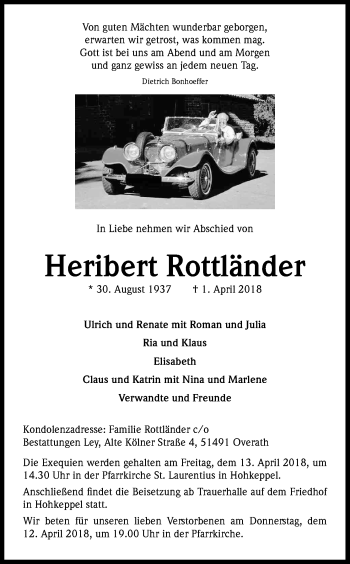 Anzeige von Heribert Rottländer von Kölner Stadt-Anzeiger / Kölnische Rundschau / Express