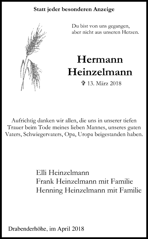  Traueranzeige für Hermann Heinzelmann vom 18.04.2018 aus Kölner Stadt-Anzeiger / Kölnische Rundschau / Express