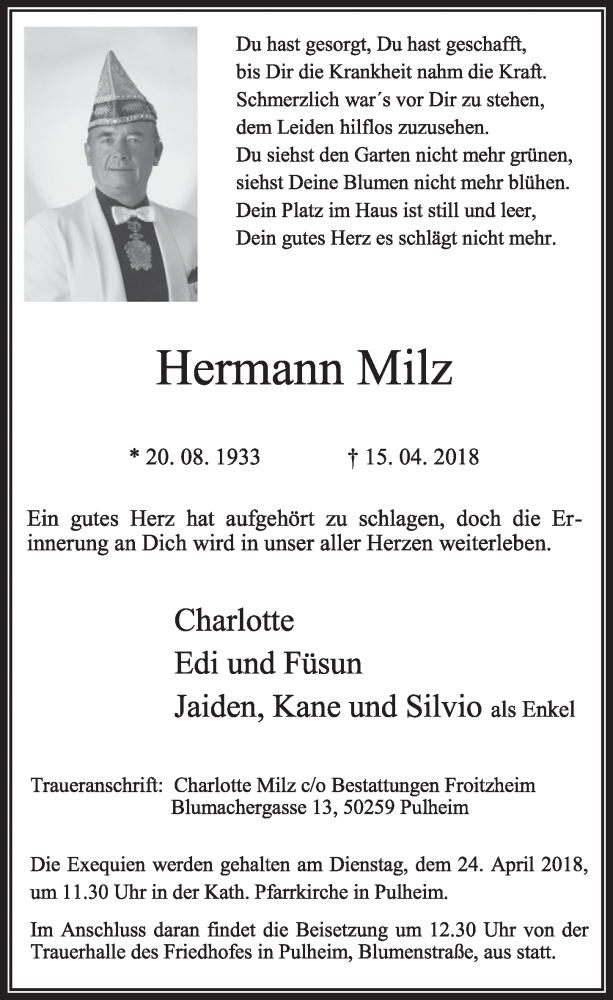  Traueranzeige für Hermann Milz vom 21.04.2018 aus  Sonntags-Post 