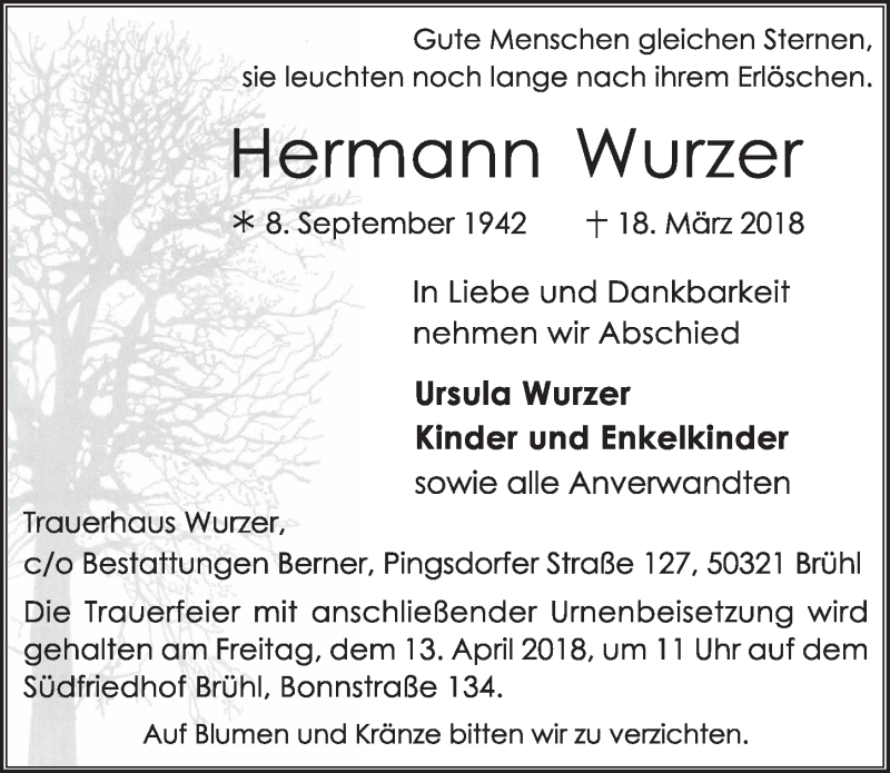  Traueranzeige für Hermann Wurzer vom 11.04.2018 aus  Schlossbote/Werbekurier 