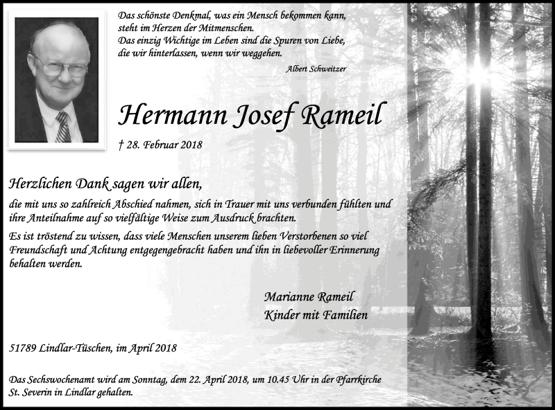  Traueranzeige für Hermann Josef Rameil vom 21.04.2018 aus Kölner Stadt-Anzeiger / Kölnische Rundschau / Express